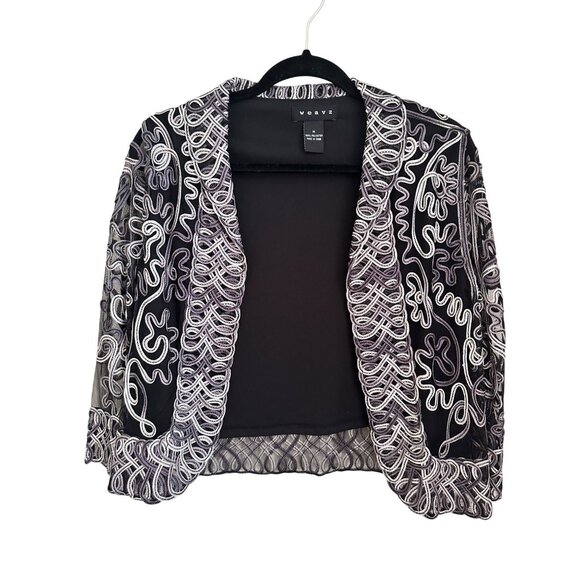 Womens Medium Black Silver Sheer Embroidered Open Front Jacket Shrug Wedding - Picture 2 of 7
